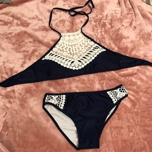 Navy crochet high neck‎ bikini NWOT